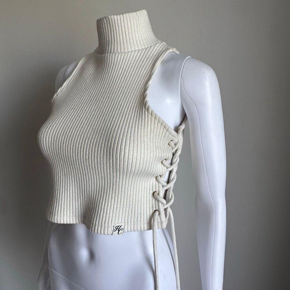 Hidden Cult Ribbed Turtleneck Sweater Tank With Lace-Up Sides Size S Crème